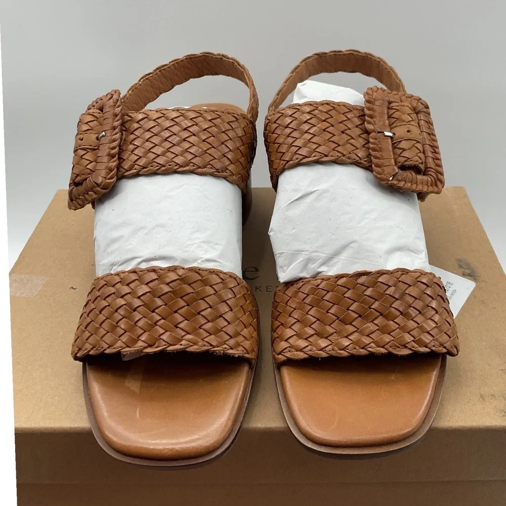 Gentle Souls Madylyn woven Leather Block Heel Sandals Cognac Brown Size 9